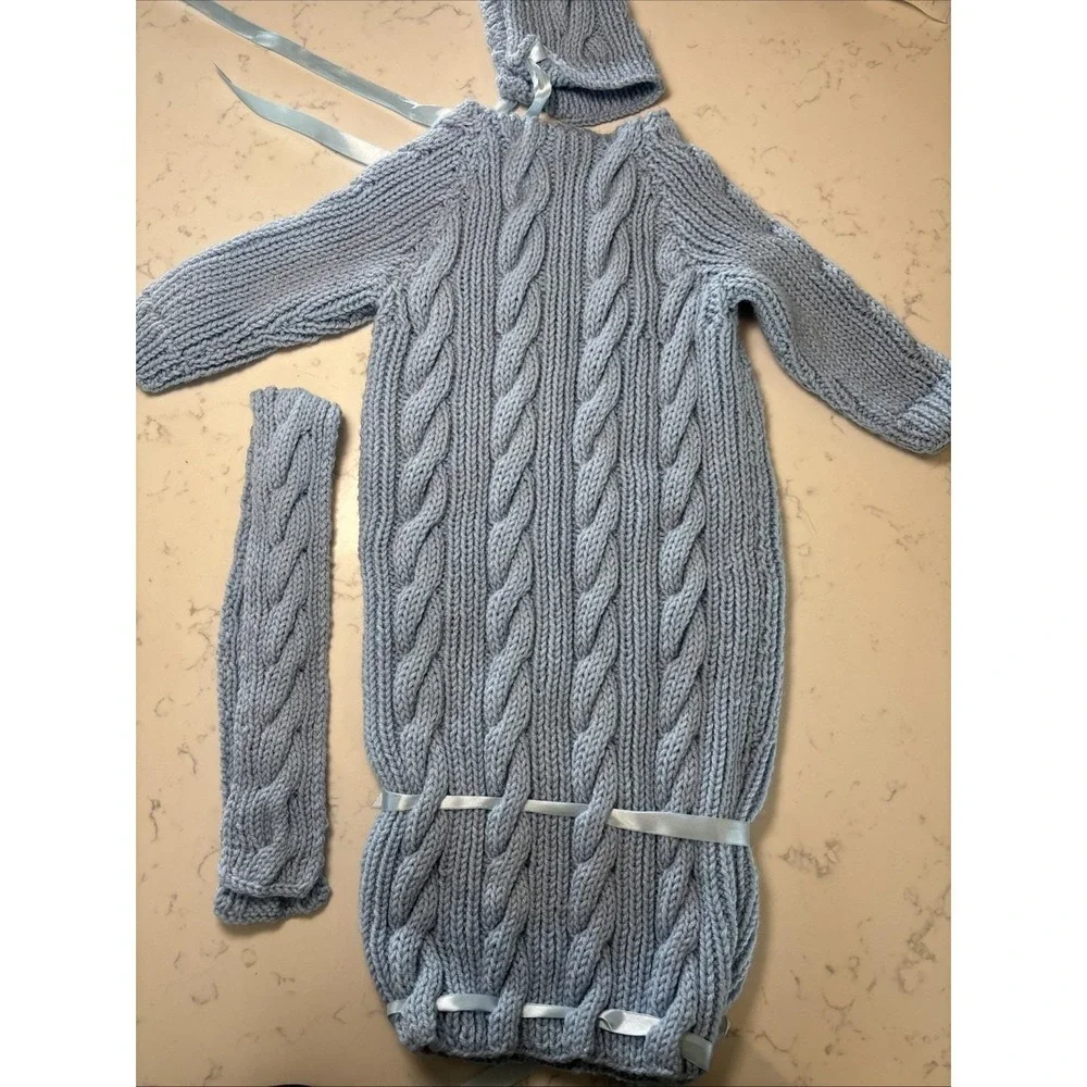 Handknit Baby‎ Sweater Sack Cable Knit Zipper Ribbon Matching Bonnet Boy Blue